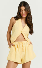 Tonya Two Piece Set - V Neck Sleeveless Top and Shorts Set in Lemon