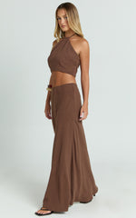 Chelsea Two Piece Set - Linen Halter Neck Top and Bias Cut Sheer Maxi Skirt in Chocolate