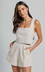 Salvador Two Piece Set - Linen Sleeveless Crop Top and High Waisted Tailored Shorts in Oatmeal