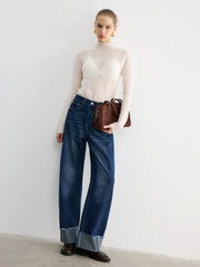 Frayed Cuffed Denim Wide-Leg Jeans