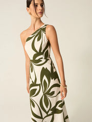One-Shoulder Printed Midi Dress