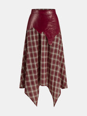 Faux Leather Panel Asymmetric Plaid Midi Skirt