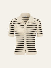 Striped Short-Sleeve Polo Collar Knit Cardigan