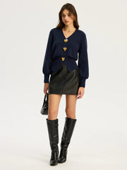 Heart Metal Button V-Neck Cardigan