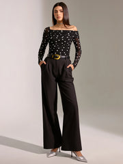 Semi-Sheer Mesh Polka Dot Ruched Off-Shoulder T-Shirt