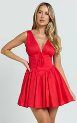 Madeline Mini Dress - V Neck Corset Waist Gathered Full Skirt Dress in Red