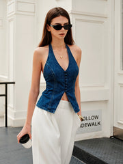 Halter Neck Button Detail Denim Top