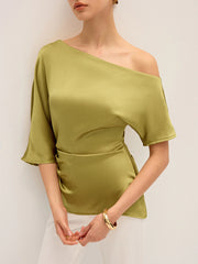 Satin One-Shoulder Ruched Top