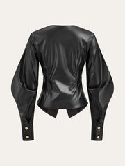 Metal Button Puffed Sleeve PU Leather Jacket