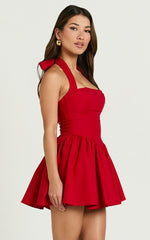 Helda Mini Dress - Halter Tie Neck Corset Panel Dress in Red