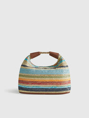 Color-Block Striped Straw Handbag with Leather Strap