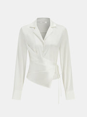 Lapel Collar Tie Satin Wrap Shirt