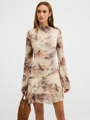 Tie-Dye Print Flared Sleeve Ruched Mini Dress