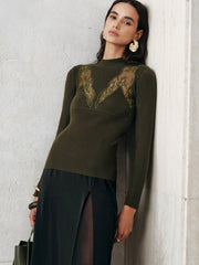 Sheer Lace Panel Mock Neck Sweater