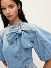 Denim Puff-Sleeve Top With Bow Detail
