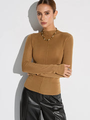 Wool Blend Mock Neck Fitted Long Sleeve Knit Top