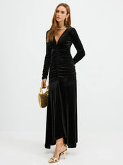 Velvet Ruched Plunge Maxi Dress