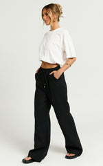Hamilton Linen Pants - Straight Elasticated Mid Waist Pants in Black