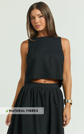 Vicky Top - Linen Shift Key Hole Crop Top in Black