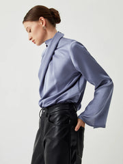 Asymmetric Pleated Turtleneck Satin Blouse