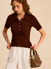 Metal Button Ribbed Knit Polo Top