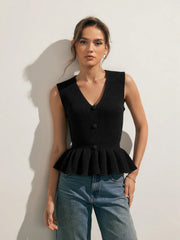 Button V-Neck Knit Peplum Vest
