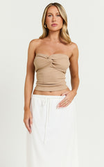 Jelena Top - Jersey Strapless Twist Front Top in Tan