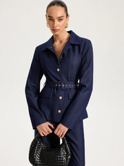 Belted Metal Button Faux Denim Blazer