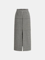 Houndstooth Tweed Slit Front Maxi Skirt