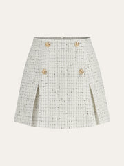 Metal Button Pleated Tweed Mini Skirt