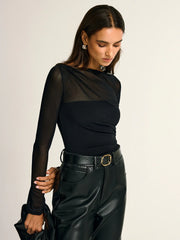 Mesh Panel Ruched Long Sleeve Bodysuit