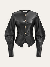Metal Button Puffed Sleeve PU Leather Jacket