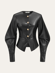 Metal Button Puffed Sleeve PU Leather Jacket