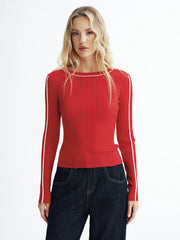 Contrast Trim Wool-Blend Ribbed Knit Sweater