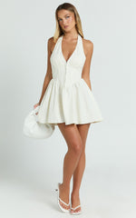 Raina Mini Dress - Halterneck Corset Waist Gathered Skirt Dress in Cream
