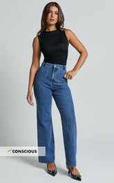 Vancouver Jeans - High Waist Straight Leg Patch Pocket Denim Jeans in Mid Blue Wash
