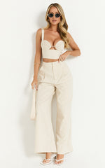 Hadley Two Piece Set - Linen Embroidered Tie Back Top and High Rise Wide Leg Pant in Oatmeal