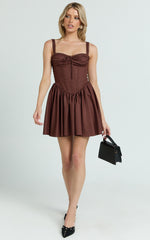 Jonas Mini Dress - Corset Ruched Lace Trim Dress in Chocolate