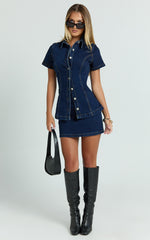 Paige Mini Skirt - High Waisted Denim Skirt in Dark Blue Wash