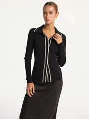 Contrast-Trim Polo Collar Knit Cardigan