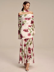 Floral Print Off-Shoulder Mesh Maxi Dress with Scarf Detail
