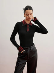 Contrast Checkered Collar Ribbed Knit Top
