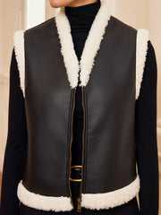 Shearling Trim Zip-Up Faux Leather Vest