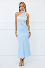 Sapphire Diva Halter Mesh Satin Maxi Dress Blue