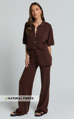 Tommy Two Piece Set - Knit Button Through Top and Pants Two Piece Set in Chocolate