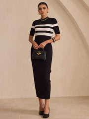 Contrast Striped Short Sleeve Ribbed Midi Dress