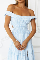 Secrets You Keep Off Shoulder Embroidered Maxi Dress Blue