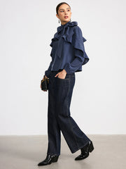 Tie Neck Ruffled Detail Faux Denim Shirt