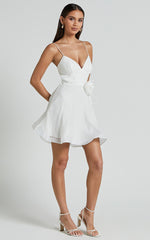 Adeline Mini Dress - Gathered Bust V Neck Rosette Detail Dress in White