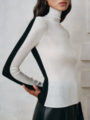 Color-Block Wool Blend Turtleneck Knit Top